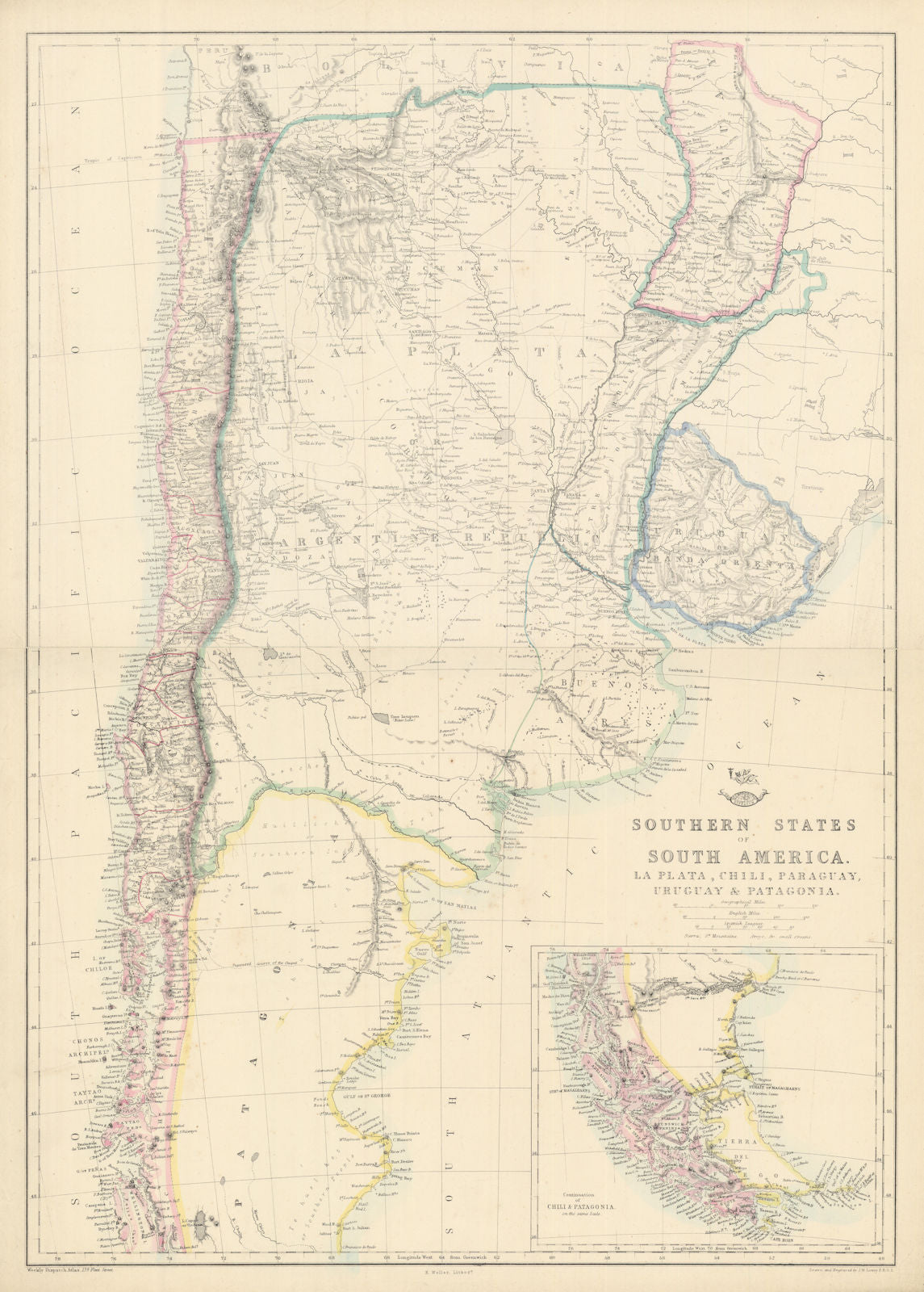 SOUTH AMERICA. 'La Plata, Chili, Paraguay, Uruguay & Patagonia'. LOWRY 1863 map